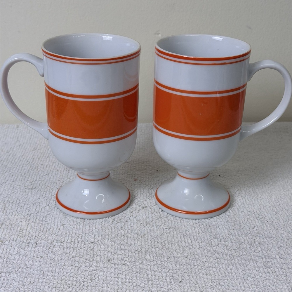 Set 2 Vintage Footed Pedestal Coffee Mugs Cup  Orange 1970s Stripe Japan